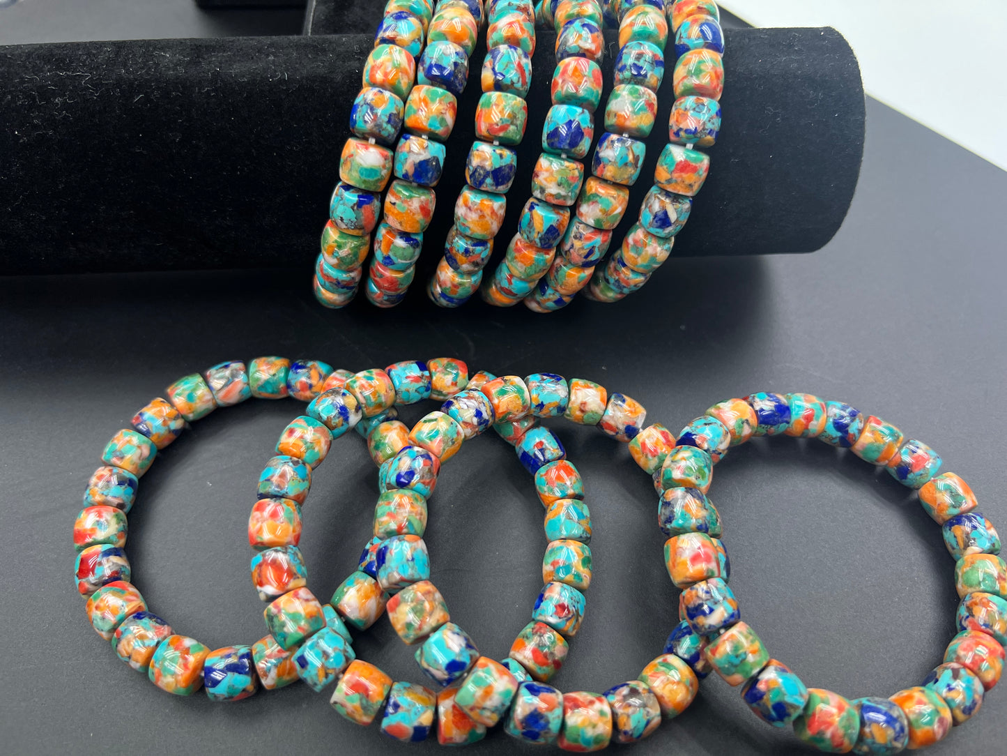 Natural Turquoise Mix Spiny Oyster Mix Lapis Cylinder Bracelet 9x10mm