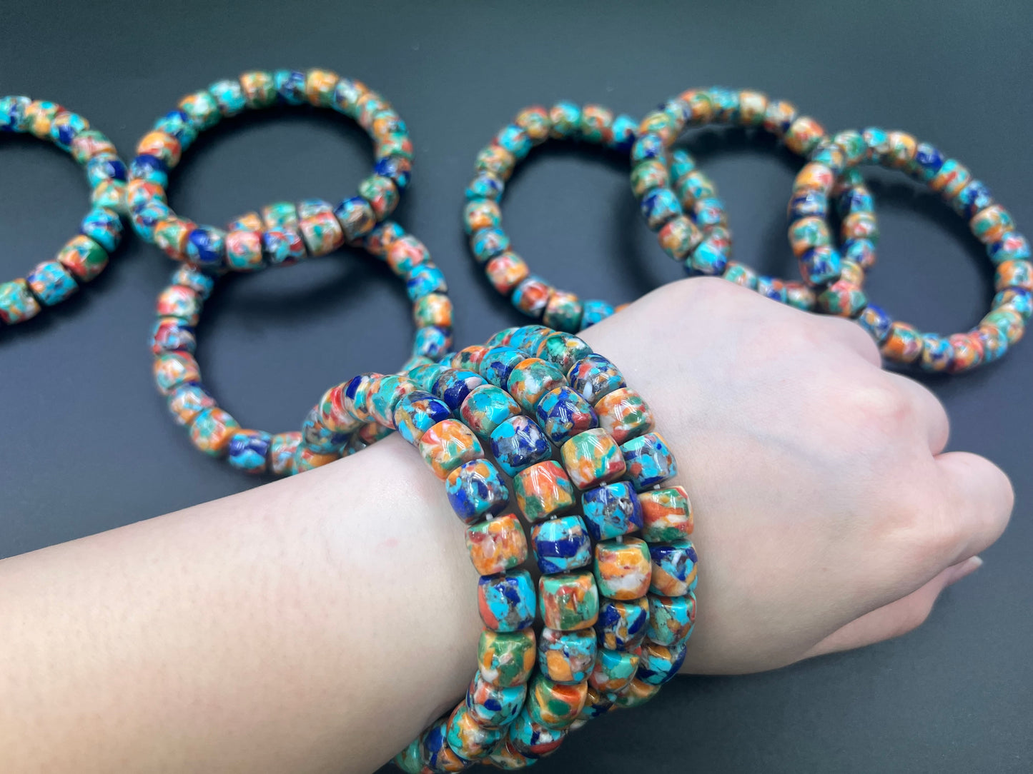 Natural Turquoise Mix Spiny Oyster Mix Lapis Cylinder Bracelet 9x10mm