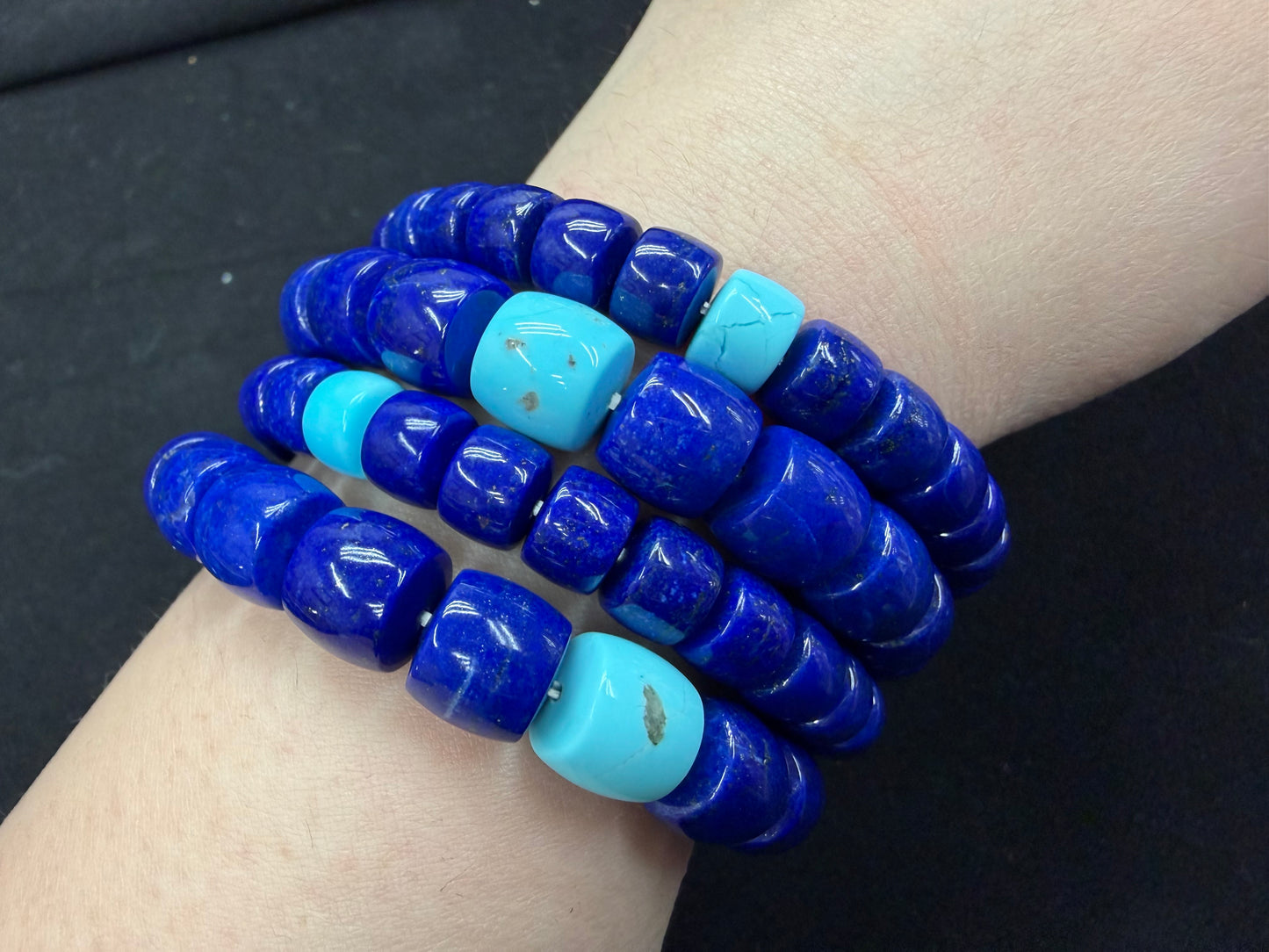 Natural Lapis + Turquoise Cylinder Bracelet 6x8mm 9x10mm