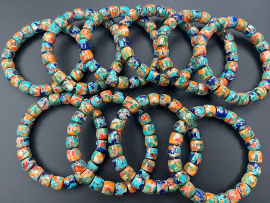 Natural Turquoise Mix Spiny Oyster Mix Lapis Cylinder Bracelet 9x10mm